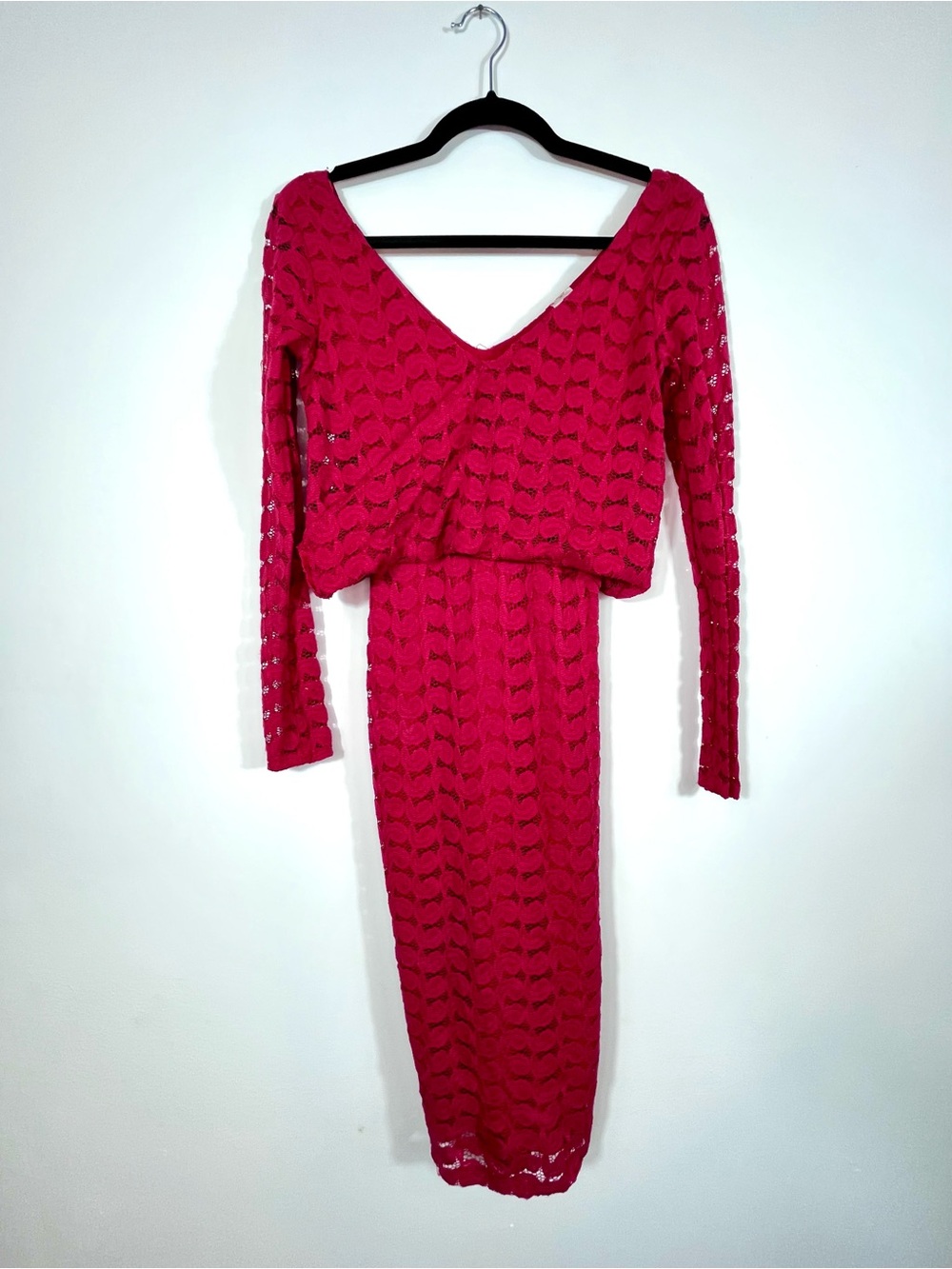 Monaco‎ Red Lace Faux Wrap Midi Dress Women’s Small Long Sleeve Bodycon